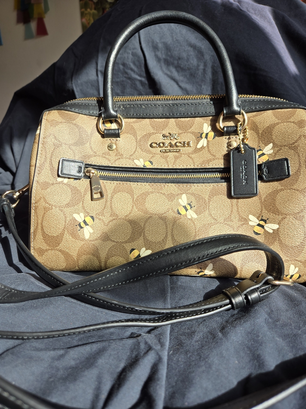 Coach Brown Monogram Satchel with Bee Print and Black Trim